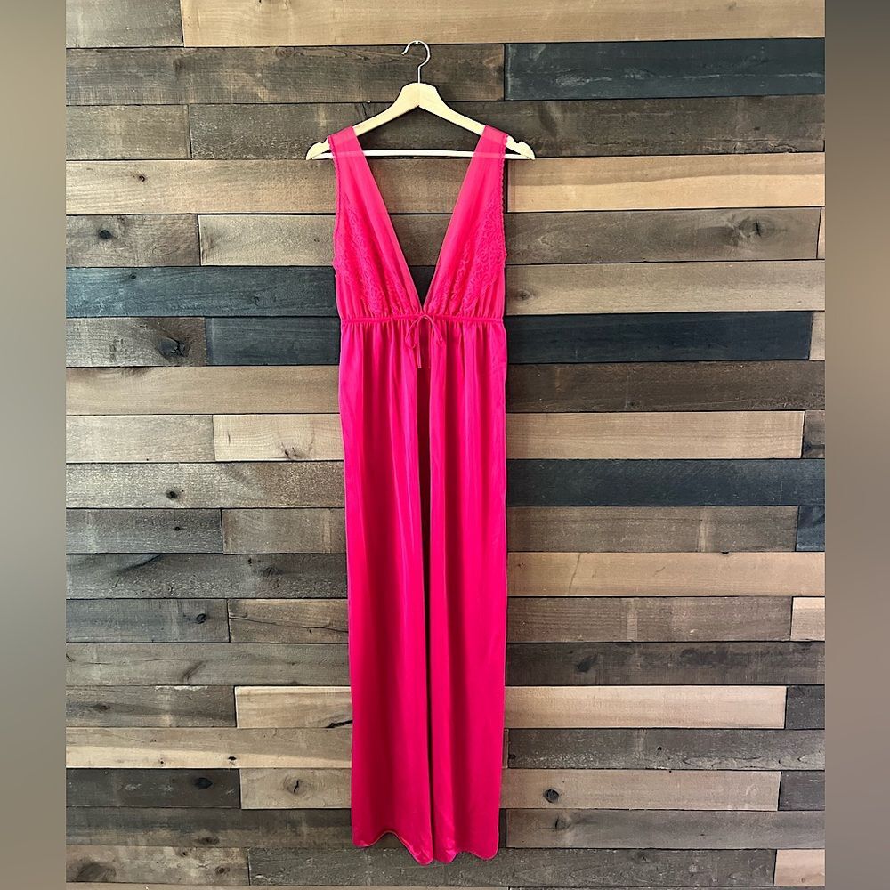 90s Hot Pink Nylon Lingerie Dress – Undercover Wear – Deep V Lounge Maxi
